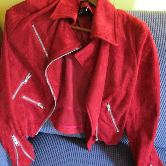 Deep Red Vegan Suede-Feel Zippered Moto Jacket - Picture 2 of 6